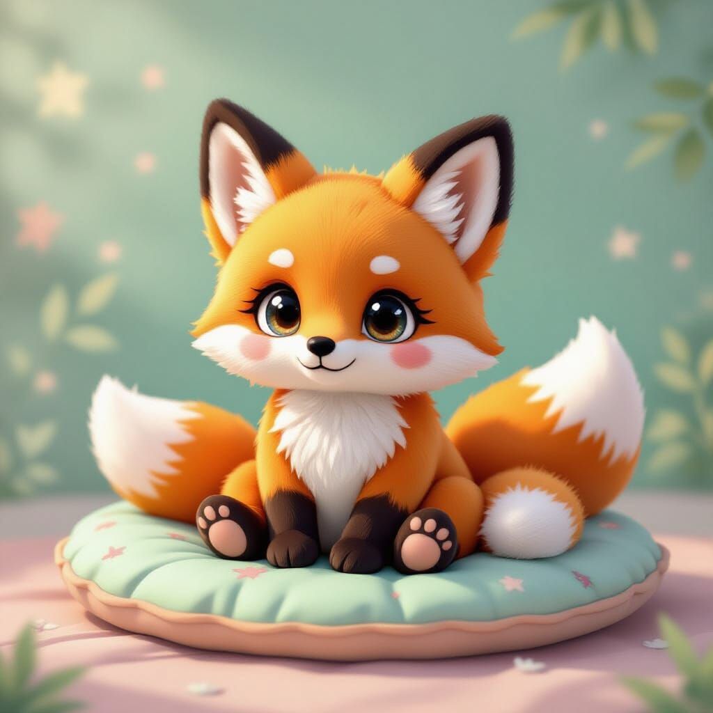 Two-Tailed Fox Plushie on Pastel Cushion