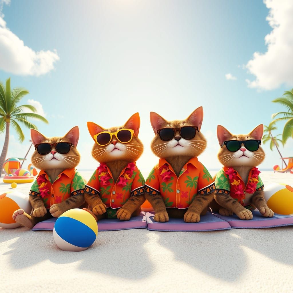 Vibrant Family of Cats on a Whimsical Beach Getaway