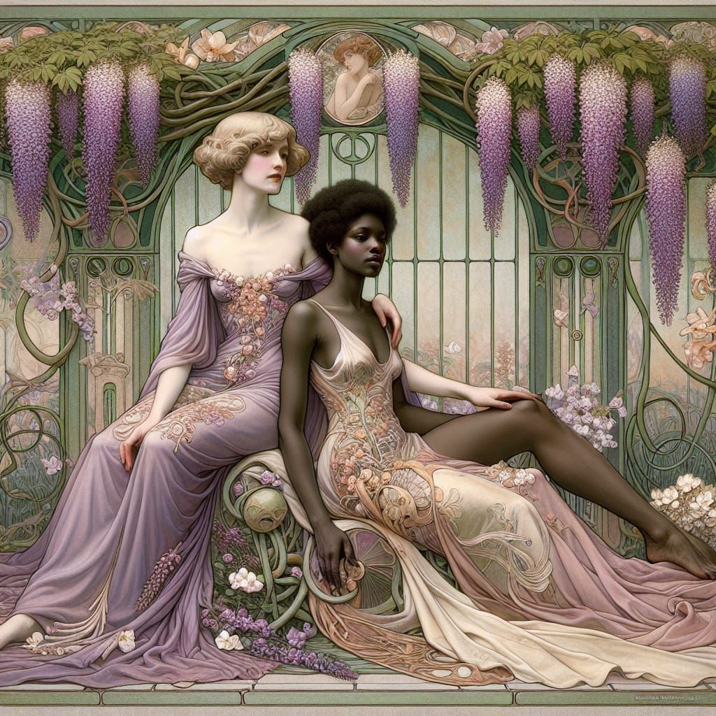Art Nouveau Lesbian Couple in Floral Garden