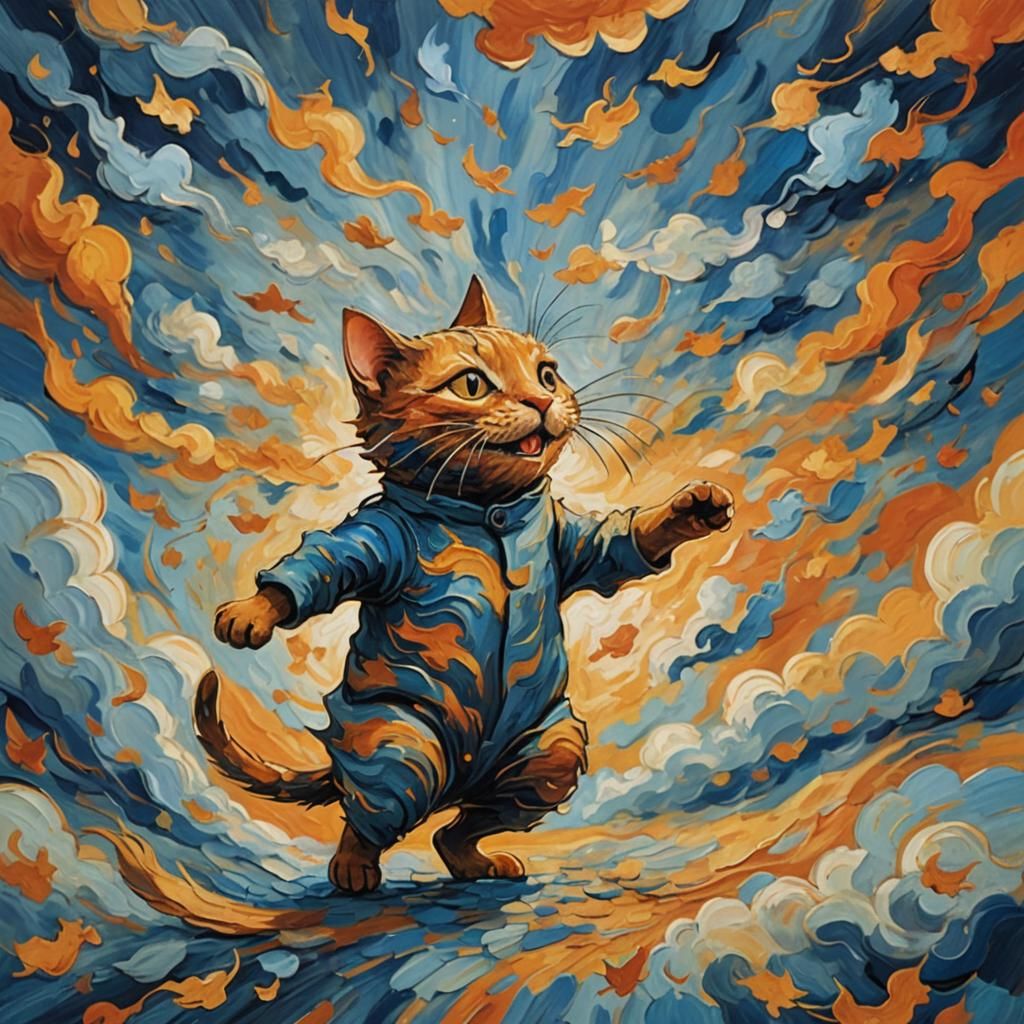 Humanoid Figure Transforms Into Cat: Van Gogh Style