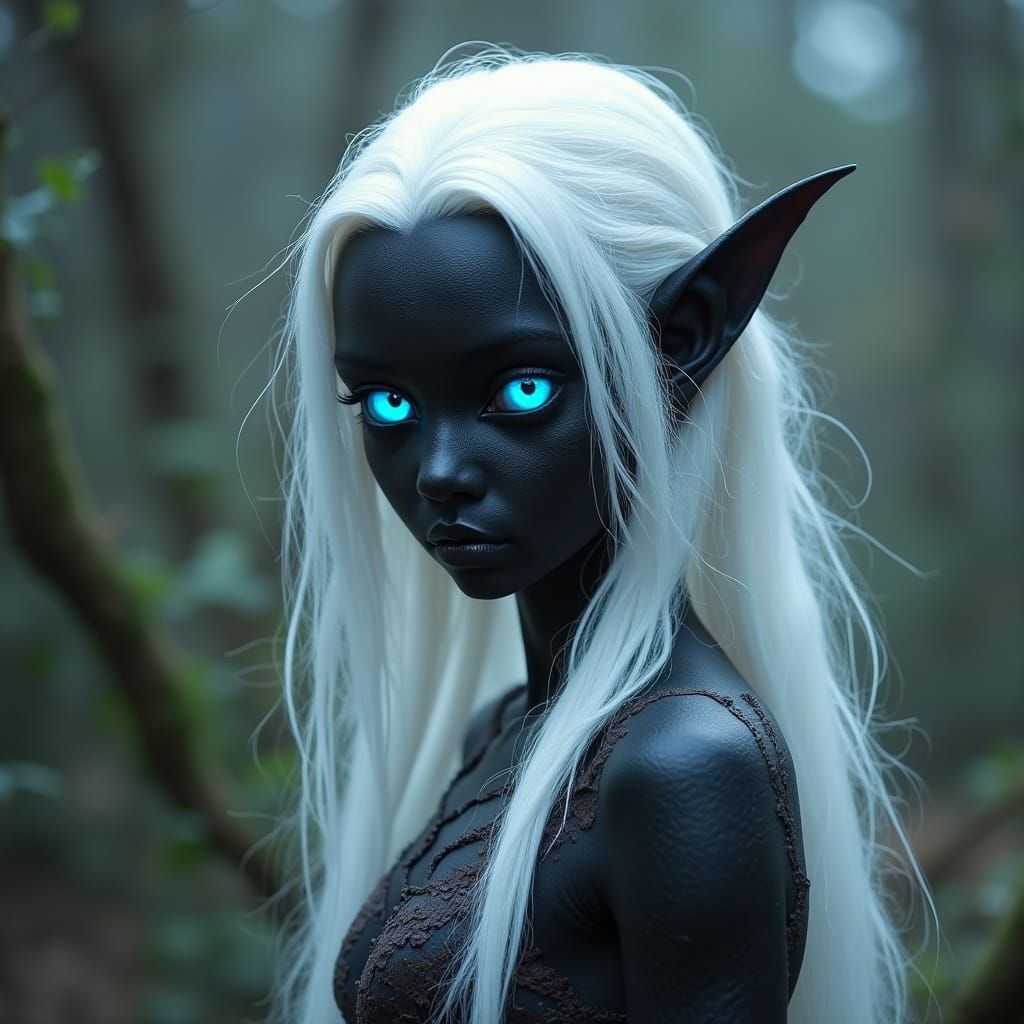 Dark Fantasy Elf with White Hair and Blue Eyes