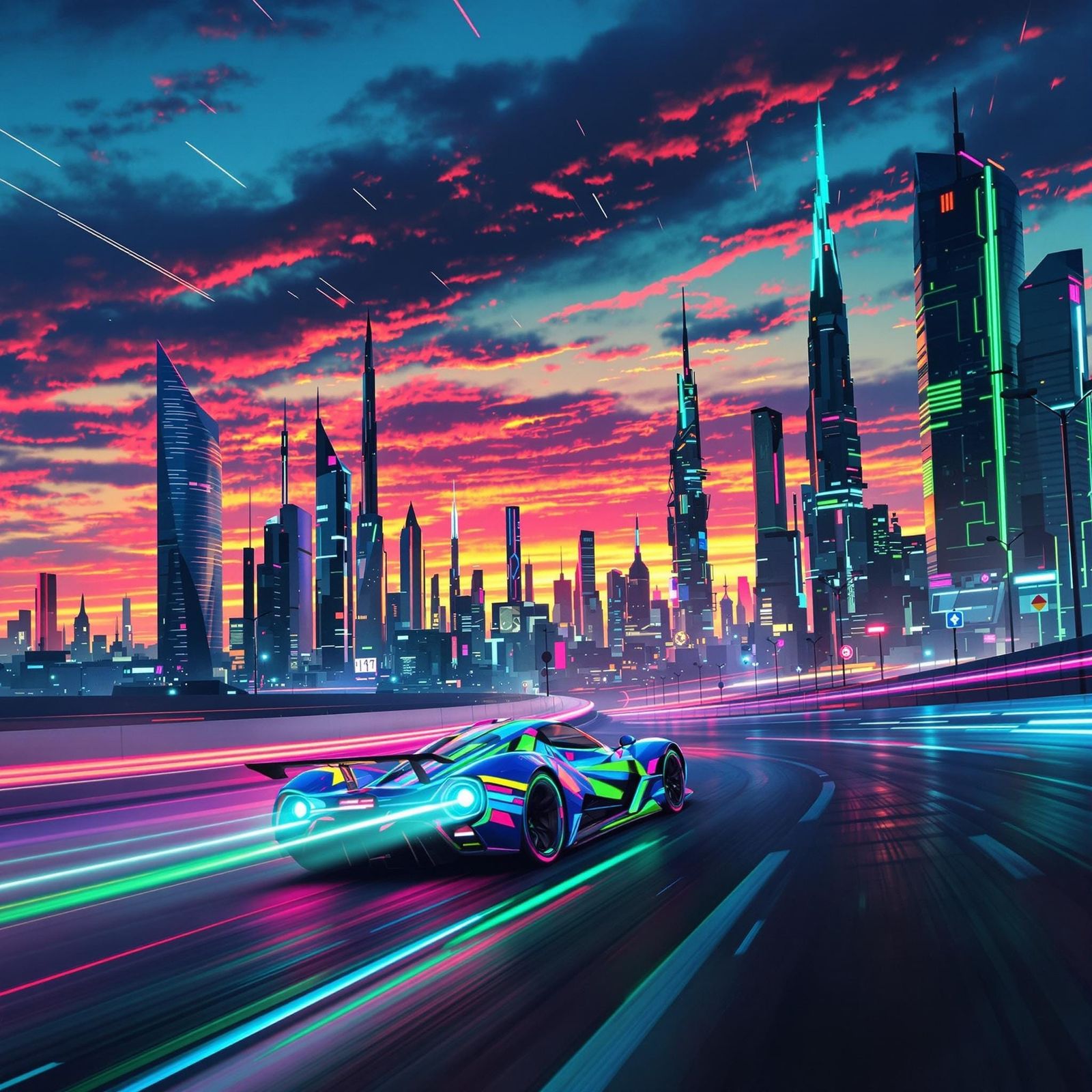 Futuristic Cityscape at Sunset in Cyberpunk Style