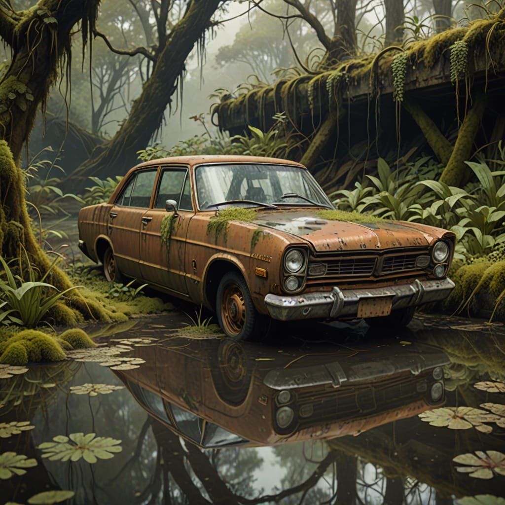 Eerie Abandoned Car in Water: Atmospheric Concept Art