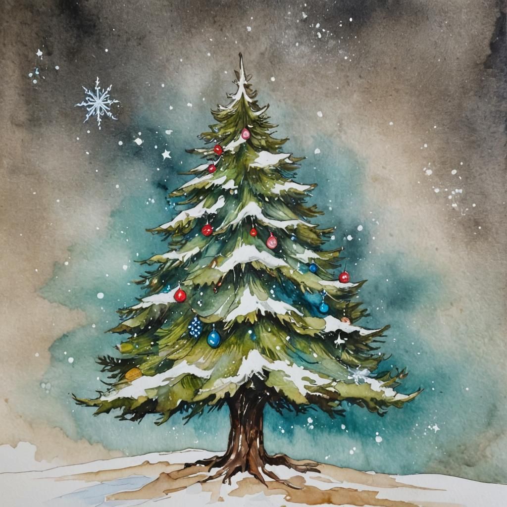 Vintage Christmas Tree in Alcohol Ink Style