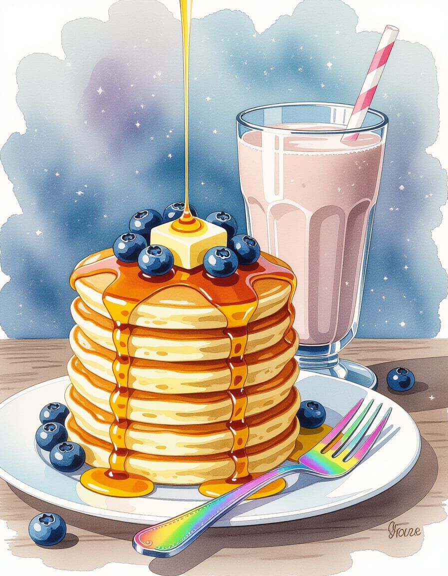 Whimsical Watercolor Pancakes with Syrup and Chocolate Milk