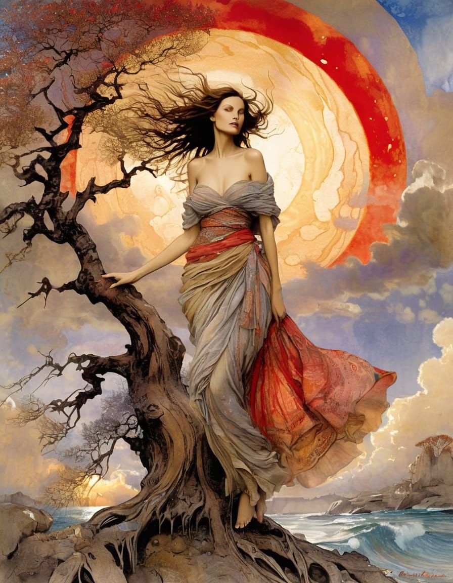 Ancient Tree Illustration with Red Sun and Cosmic Clouds