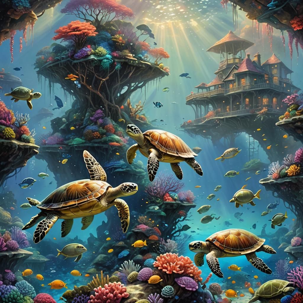 Underwater Turtle Scene with Colorful Coral Reef