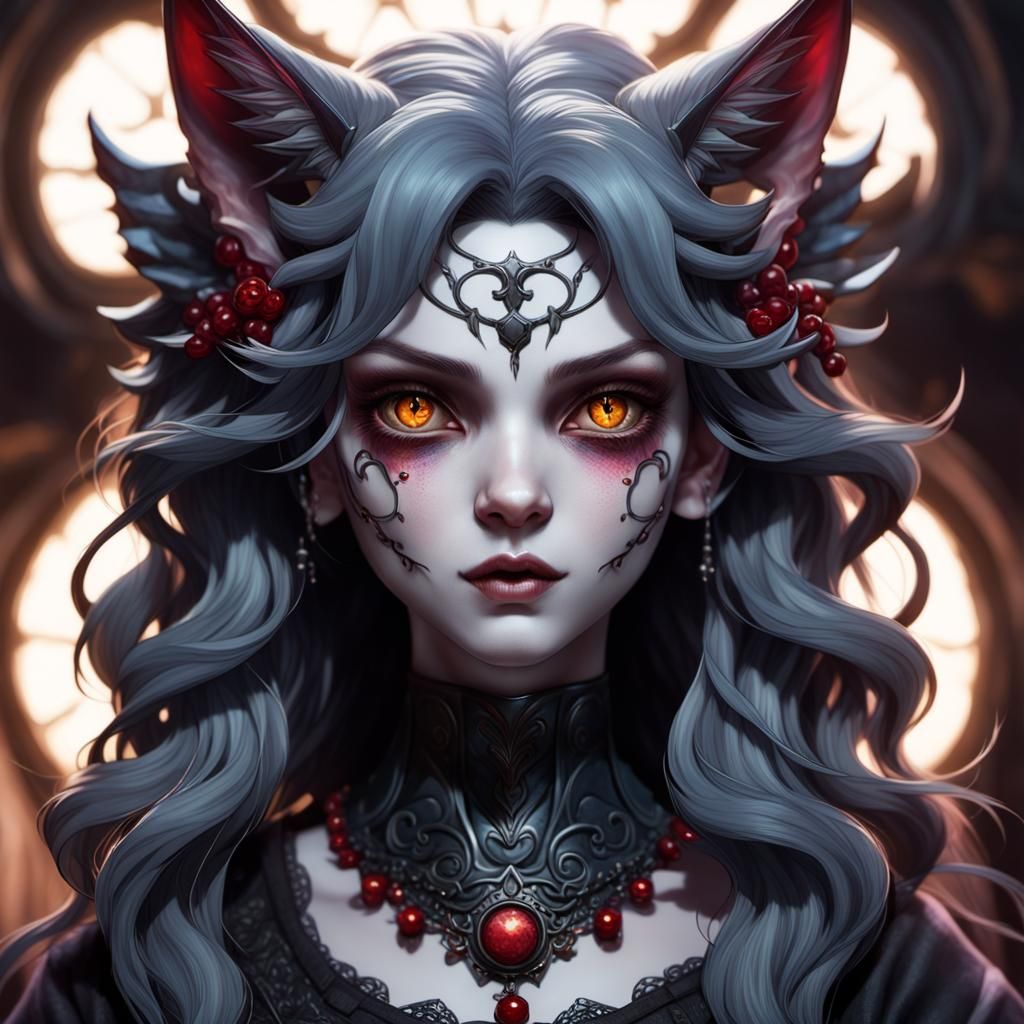 Demonic Nekomata Porcelain Doll Portrait in Gothic Style