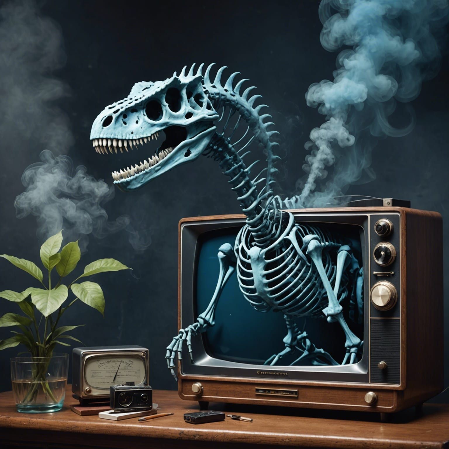 Dinosaur Skeleton Appears on Vintage TV with Smoke