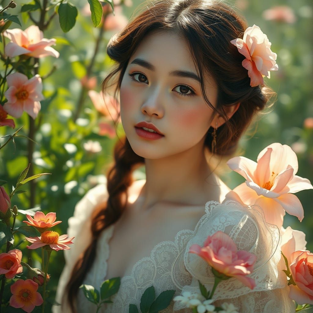 Ethereal Watercolor Portrait of a Woman in a Sunlit Garden