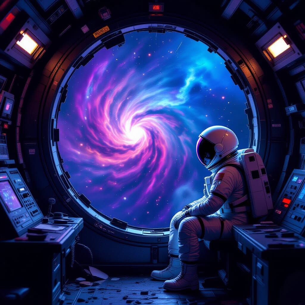Astronaut Views Nebula from Derelict Spaceship Interior