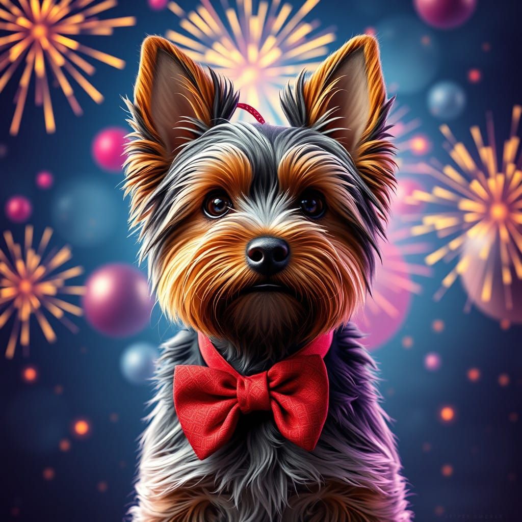 Regal Yorkie in Vibrant Bow Tie against Fireworks Backdrop