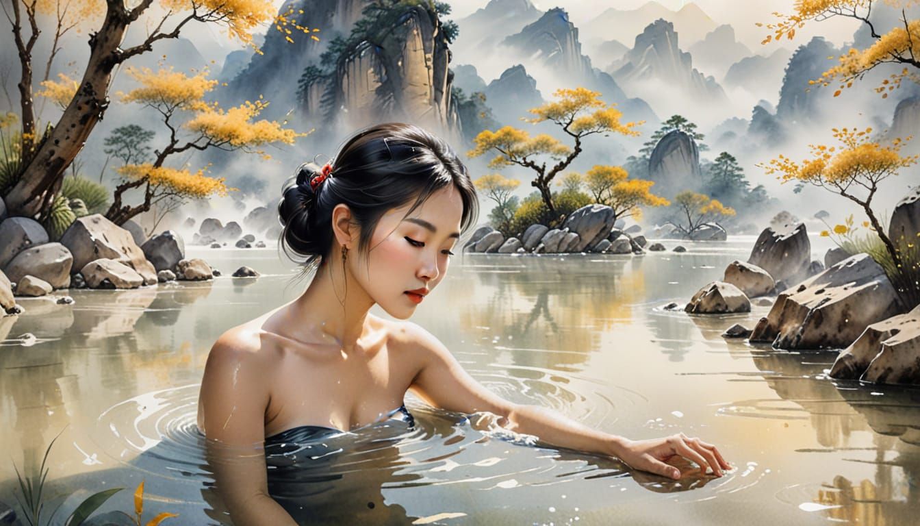 Bathing Beauty in Misty Mountains: Chinese Watercolor Art