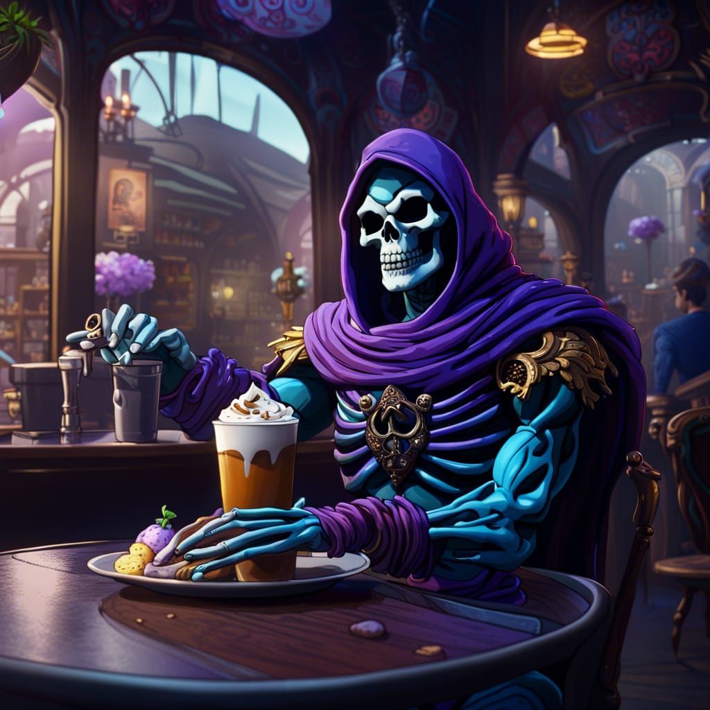 Skeletor in Cafe: Detailed Fantasy Concept Art