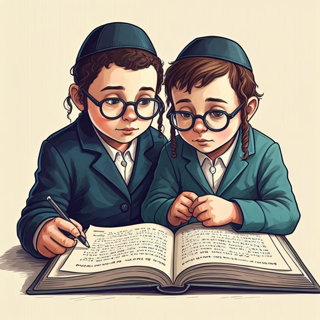 Haredi Children Study Together in a Cozy Library