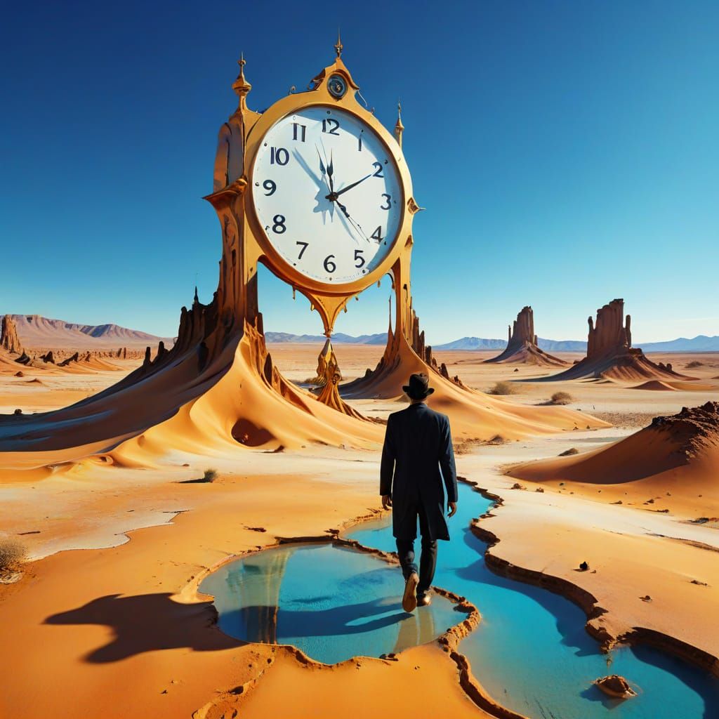 Surreal Desert Traveler with Melting Clock Towers