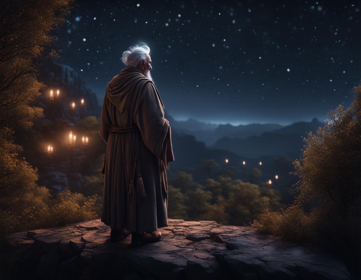Spiritual Sage Contemplates Stars: Detailed Matte Painting