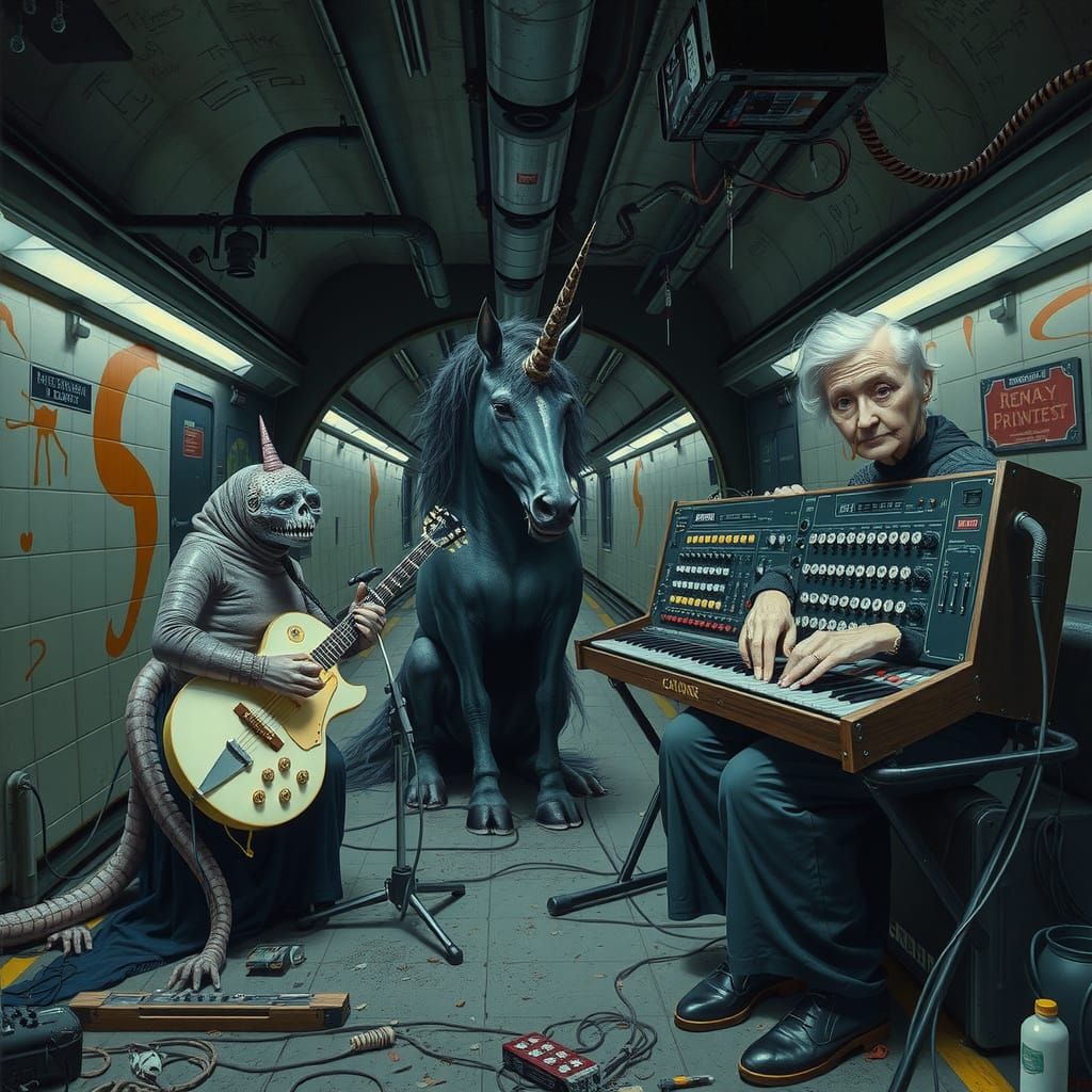 Goth Band Album Art: Tardigrade, Unicorn, Woman in Subway