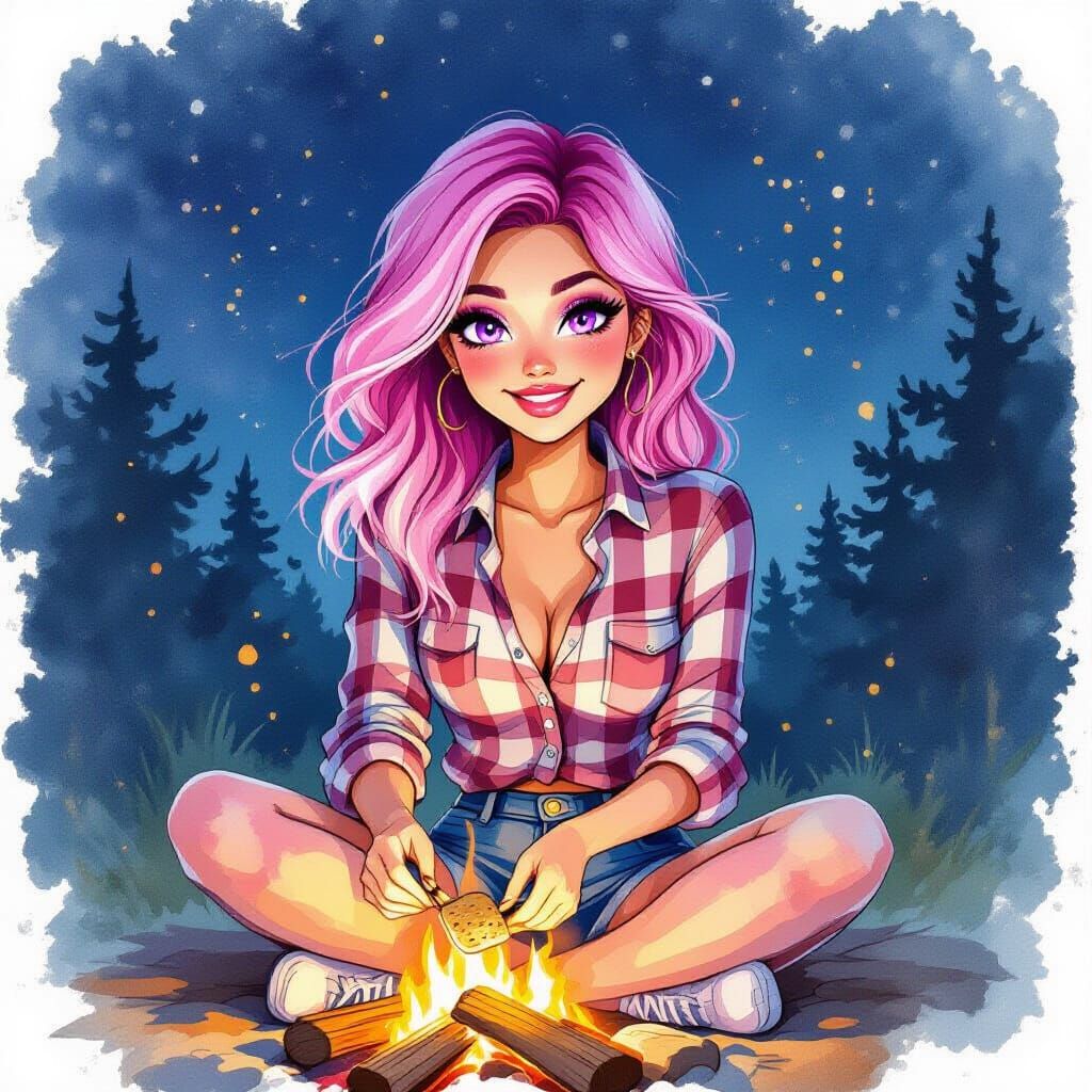 Watercolor Woman Makes S'mores at Campfire