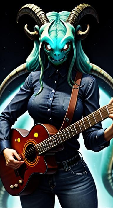 Anthropomorphic Goat Cowgirl Guitarist in Prismatic Oil Pain...