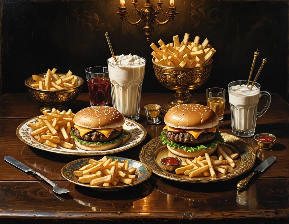 Victorian Still Life: Cheeseburger, Fries, and Milkshake