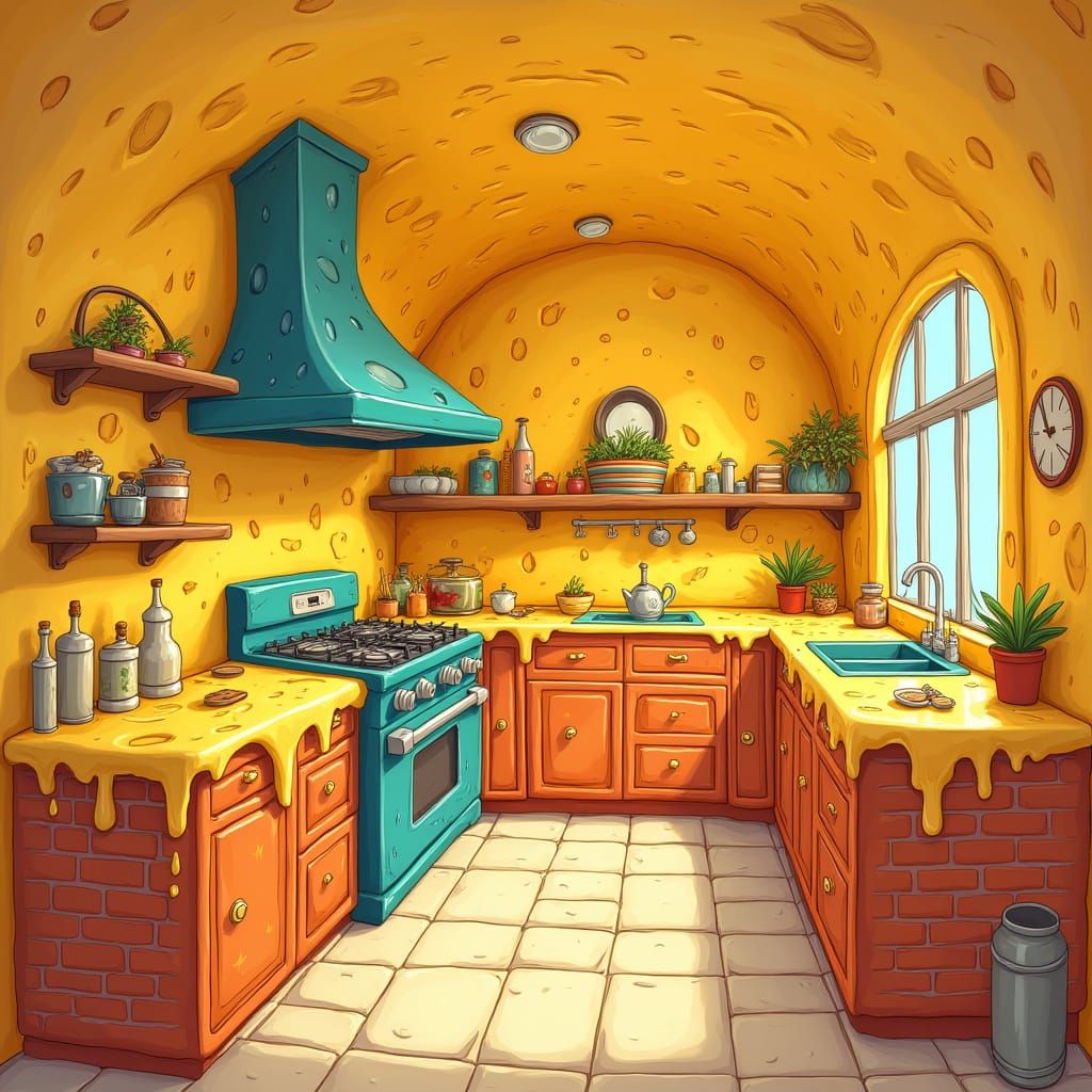 Whimsical Cheese Kitchen in Cartoon Style