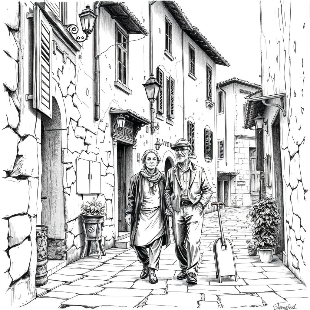Italian Couple in Village: Comic Book Art