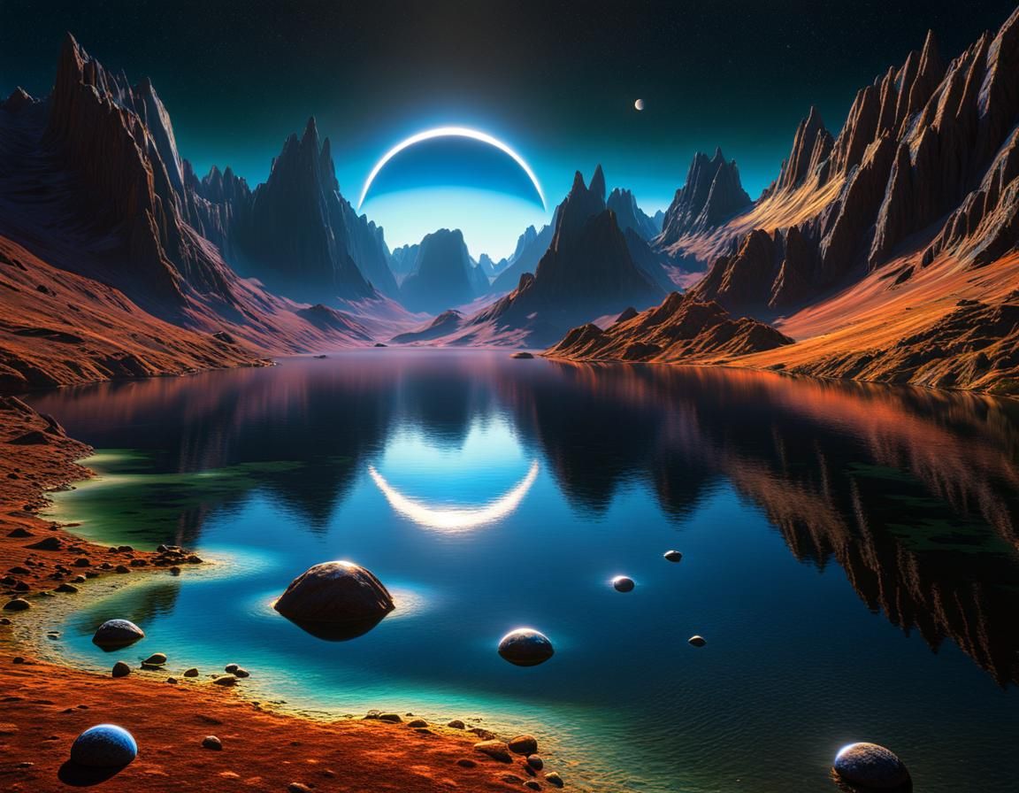 Triple Eclipse Reflection on Alien Lake in Neo-Impressionist...