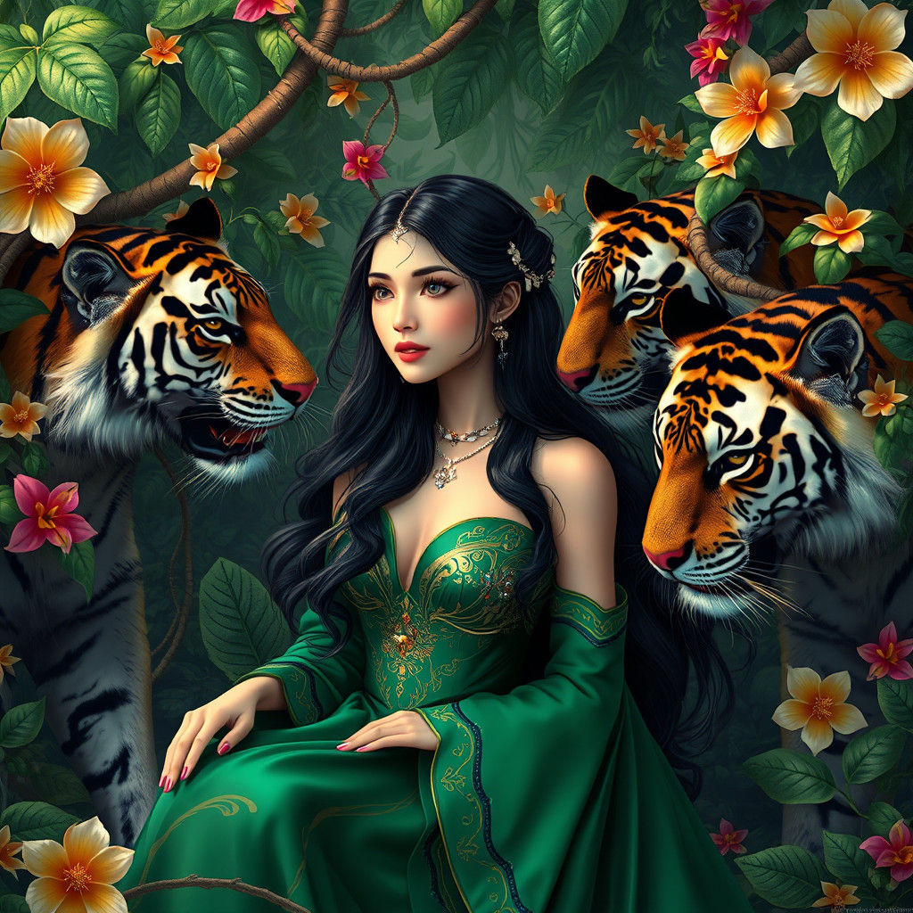 Elegant Woman and Tigers in Lush Jungle: 3D Anime Art