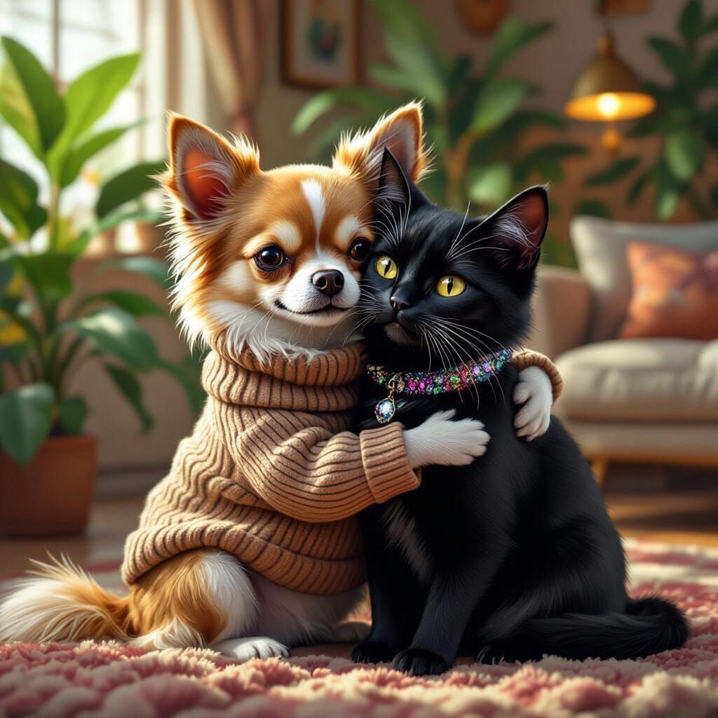 Chihuahua Hugs Cat in Cozy Living Room: Matte Painting
