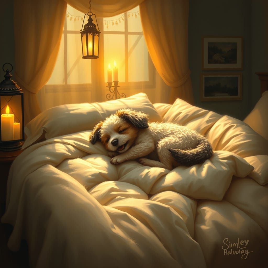 Fantasy Dog Sleeping in Warm Golden Light