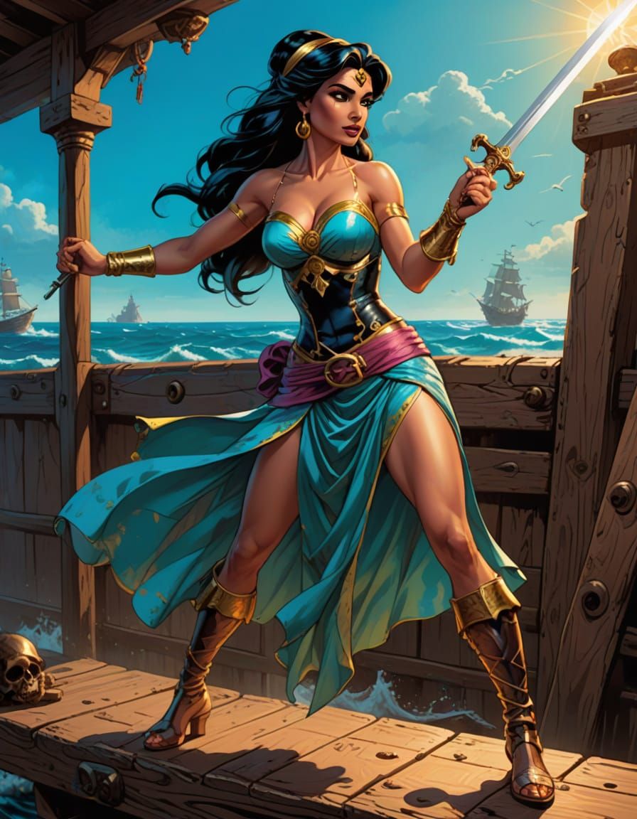 Pirate Princess Jasmine in Vibrant Comic Book Style