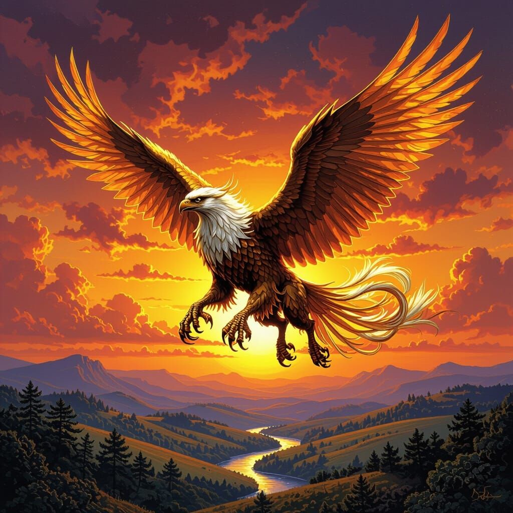 Griffin Soaring at Sunset in Epic Fantasy Style