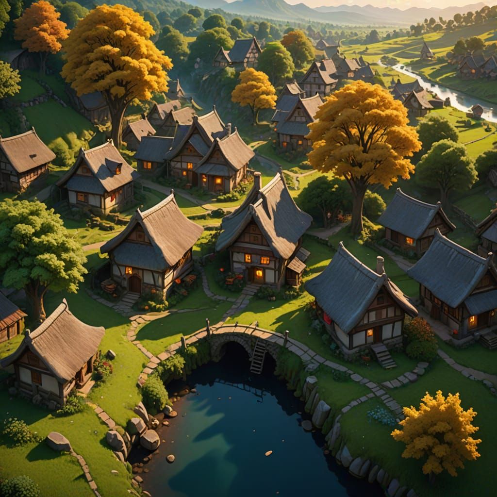 Majestic Fantasy Village Under Golden Light