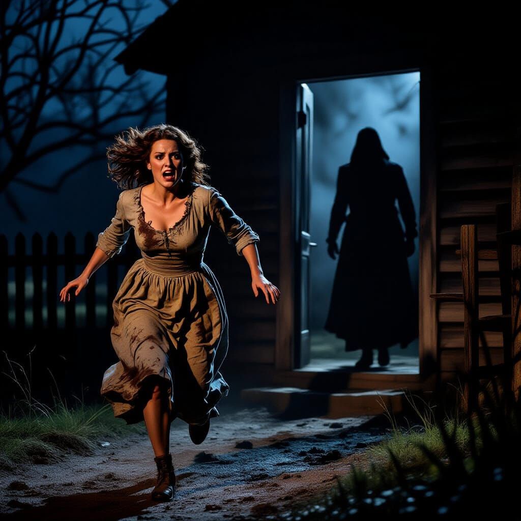 Terrified Woman Escaping Farmhouse: Film Noir Style