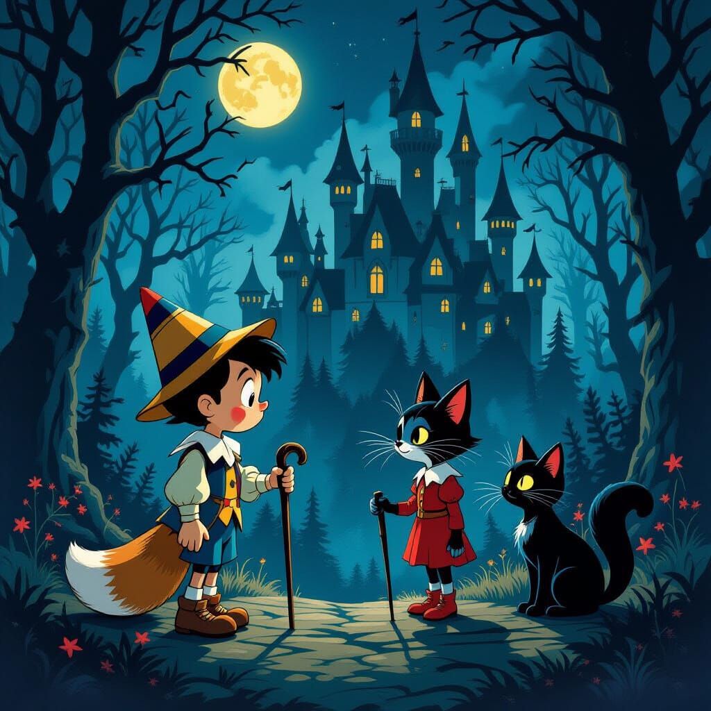 Pinocchio Meets Vampire Fox and Cat in Dark Forest