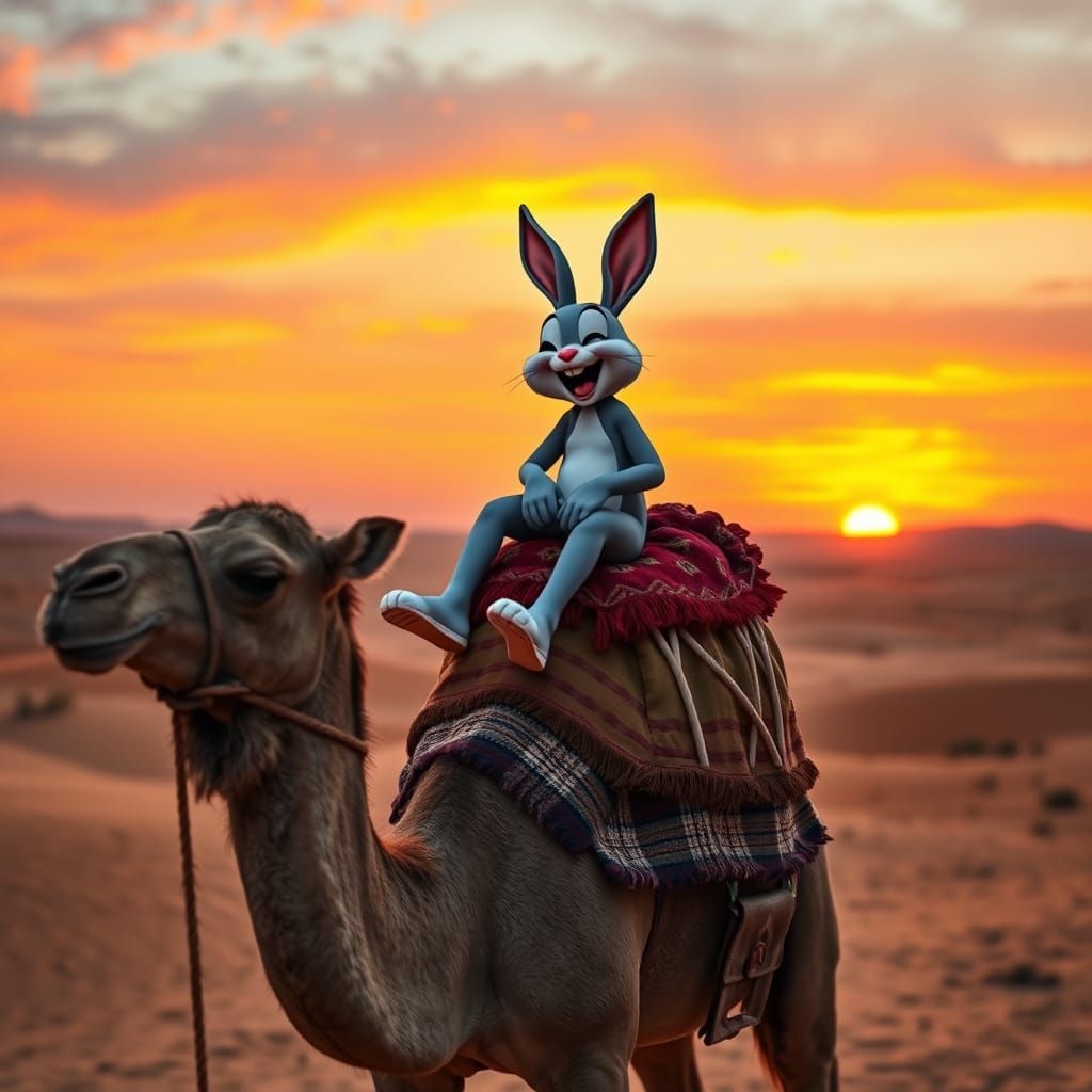A laughing bunny riding a camel. Background dessert, sunset with vivid colors in horizon