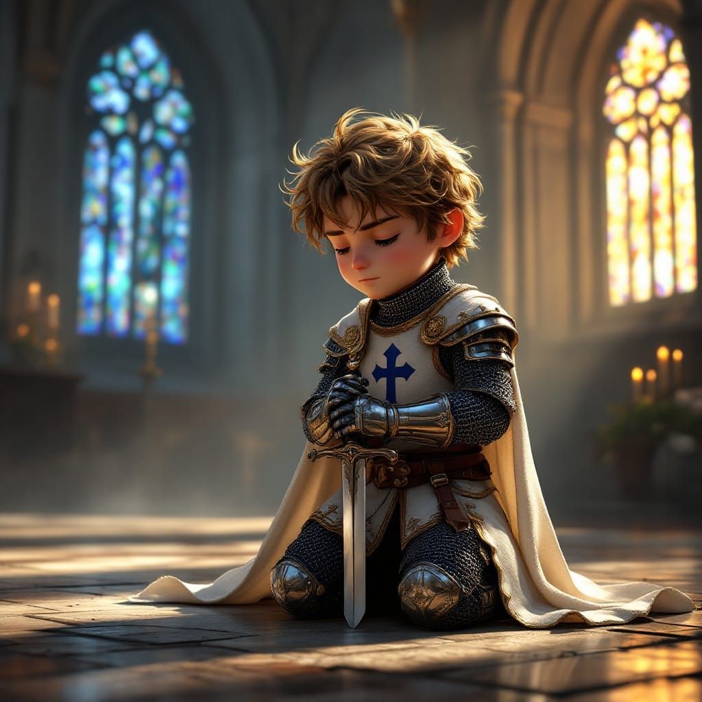 Chibi Knight in Reverent Prayer, Inspired by Medieval Cathed...