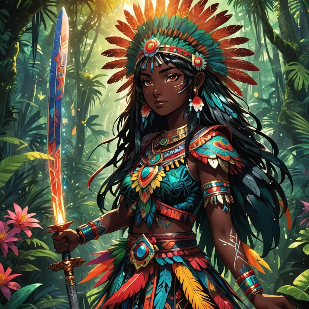 Aztec Anime Girl in Mystical Jungle Art