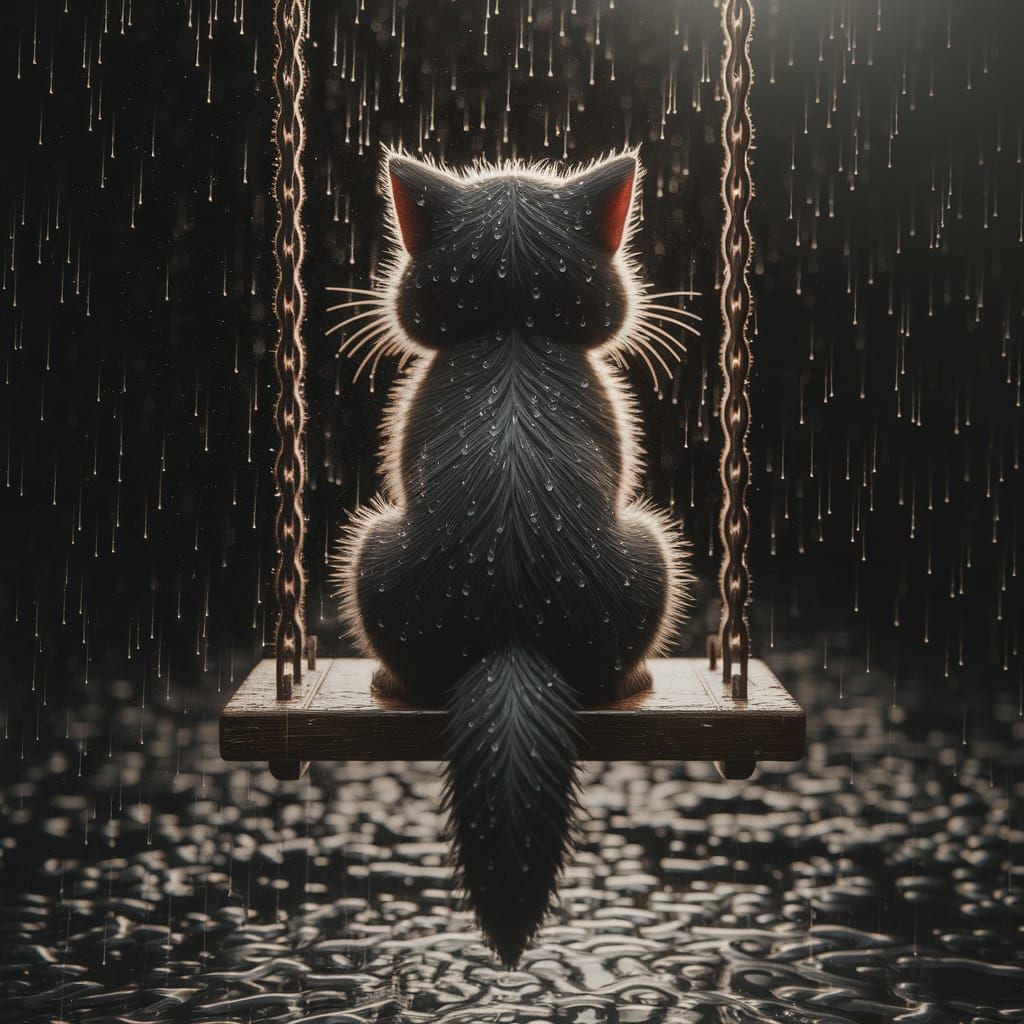 Whimsical Kitten in Rainy Darkness