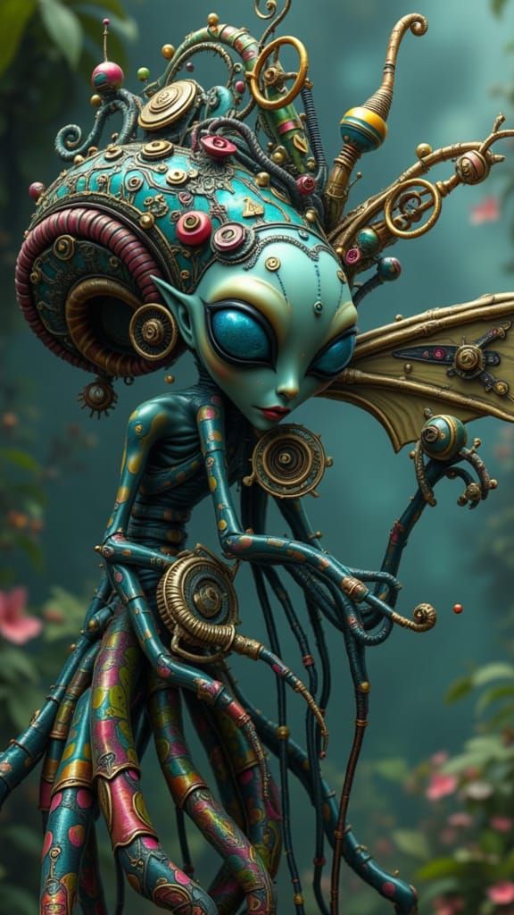 Steampunk Fairy with Wheels and Cog in Low Lighting