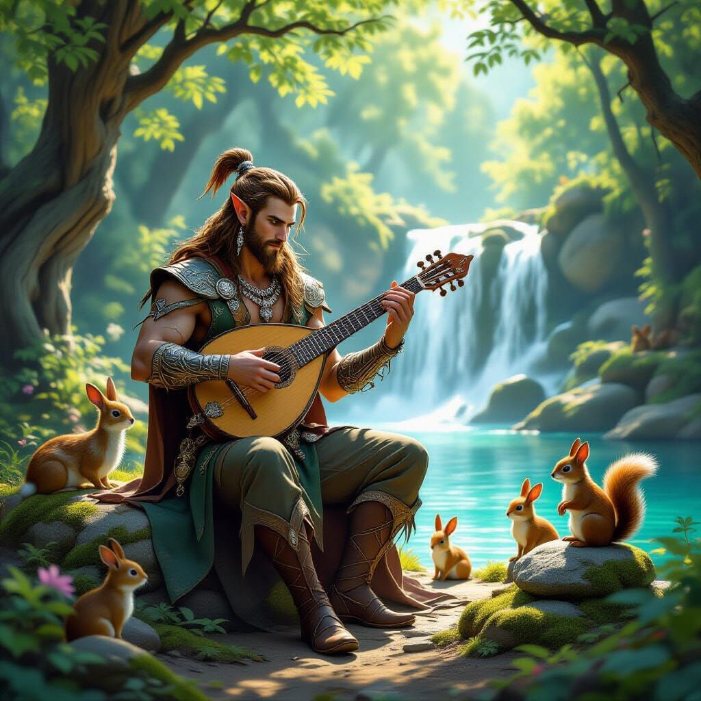 Elven Bard Plays Lute by Crystal Waterfall