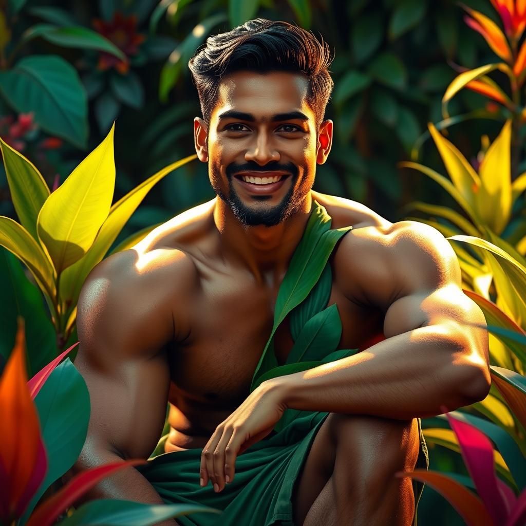 Muscular Man in Lush Garden, Hyperrealistic Digital Art