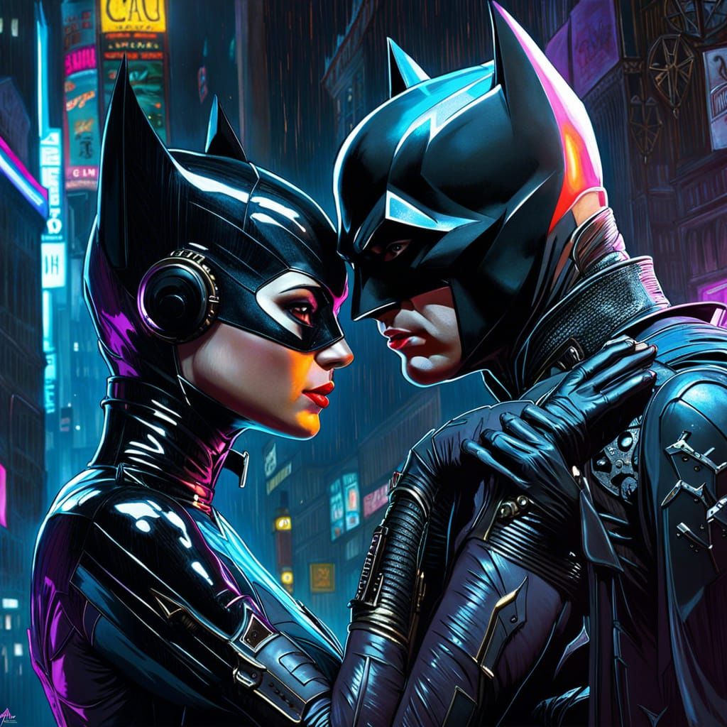 Batman and Catwoman in Neon Latex Suits
