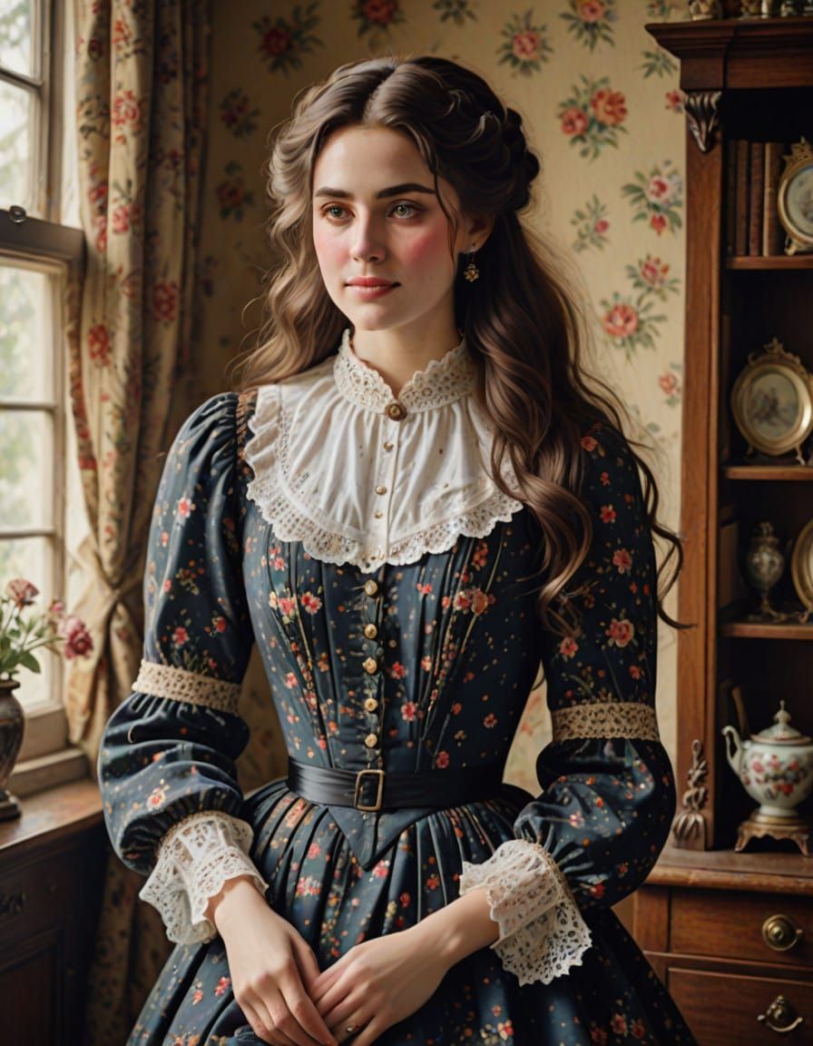 Playful Victorian Girl in Calico Dress