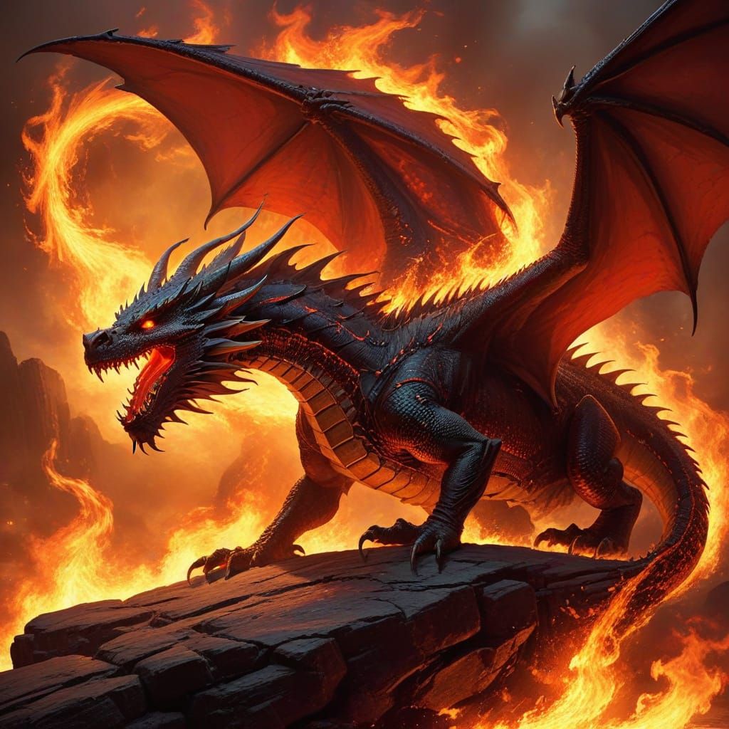 Ancient Dragon in Fiery Oriental Art