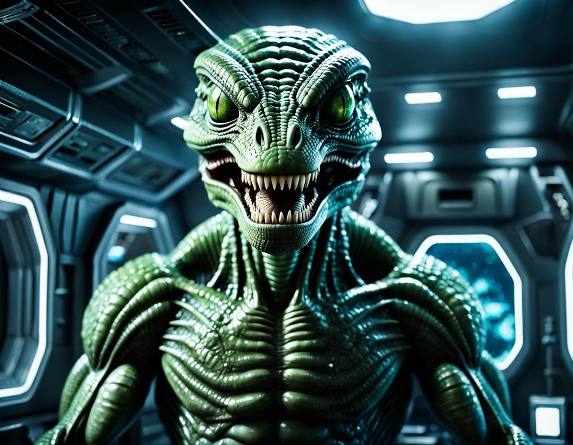 Terrifying Reptilian Alien Officer in Starship Interior