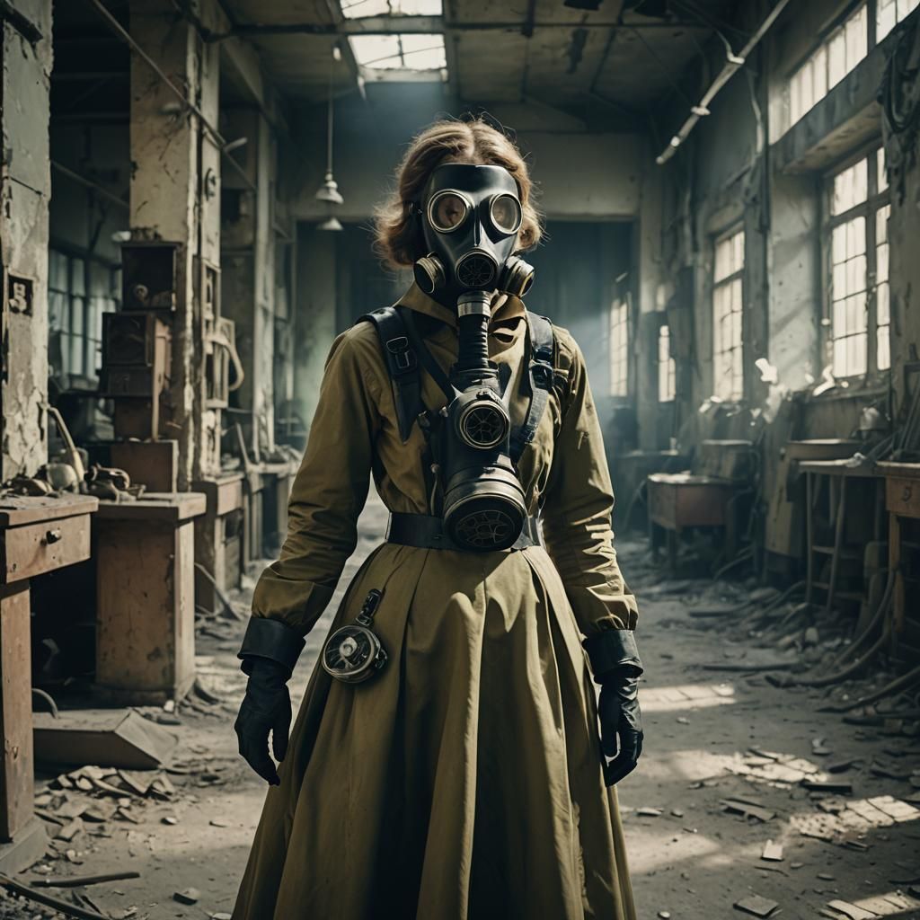 Woman in Dior Dress with Gas Mask