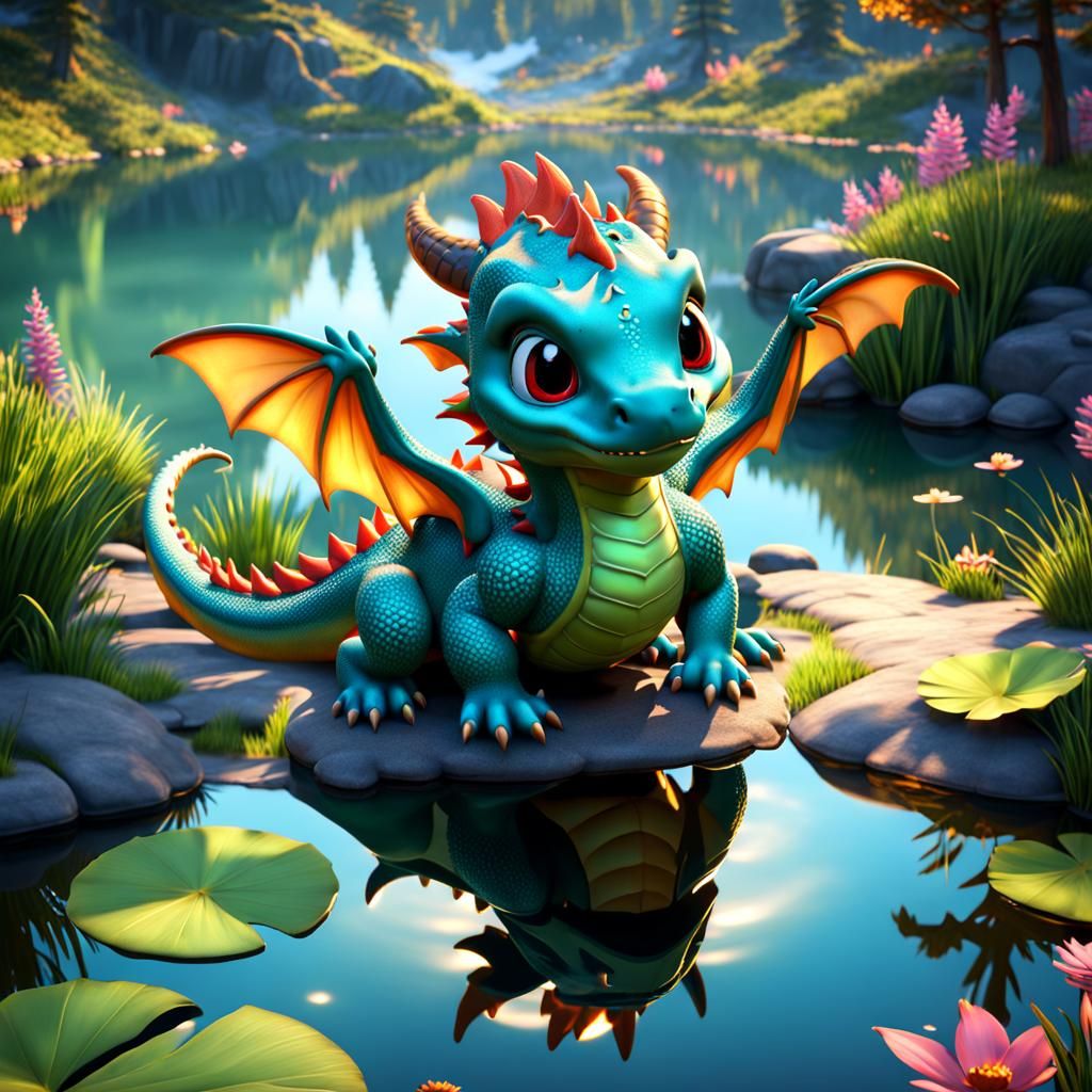 Lovely Baby Dragon in Fairy Tale Environment