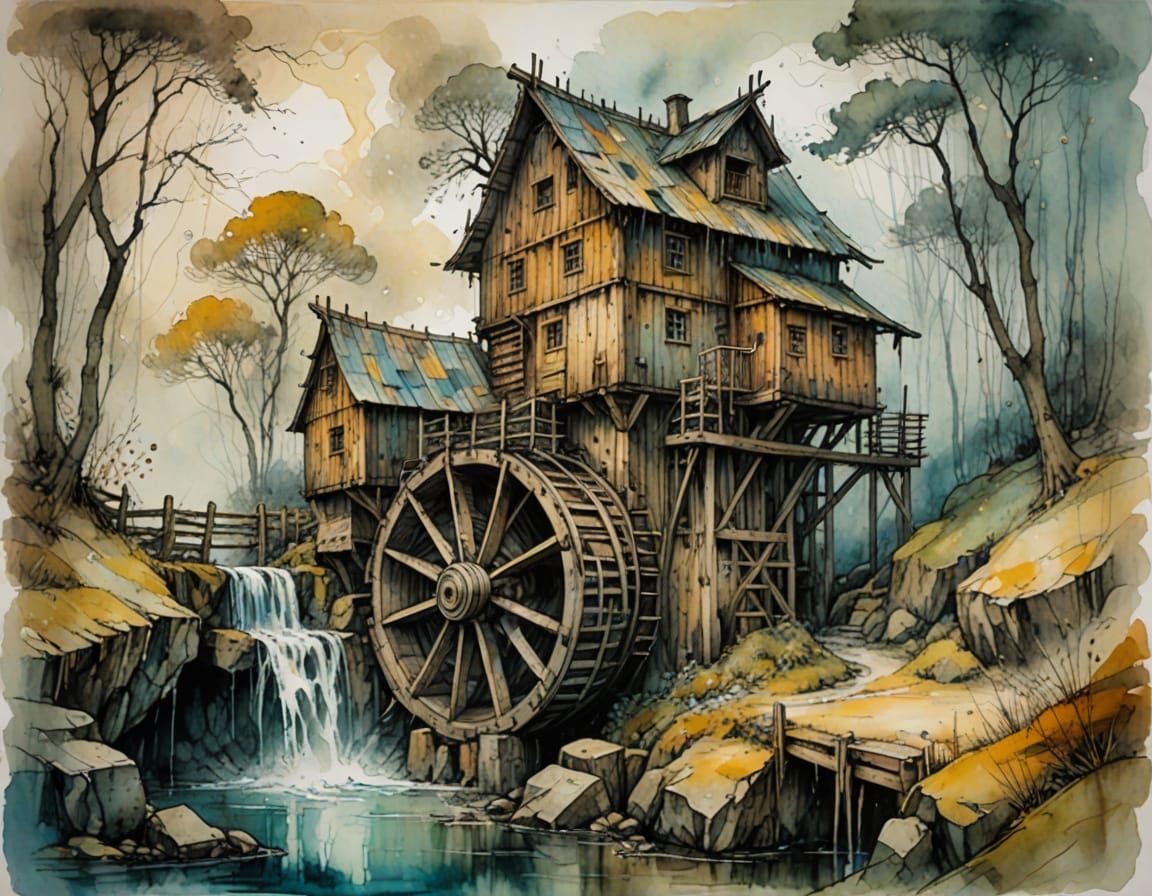 Whimsical Water Mill in Ethereal Atmosphere, Alcohol Ink Sty...